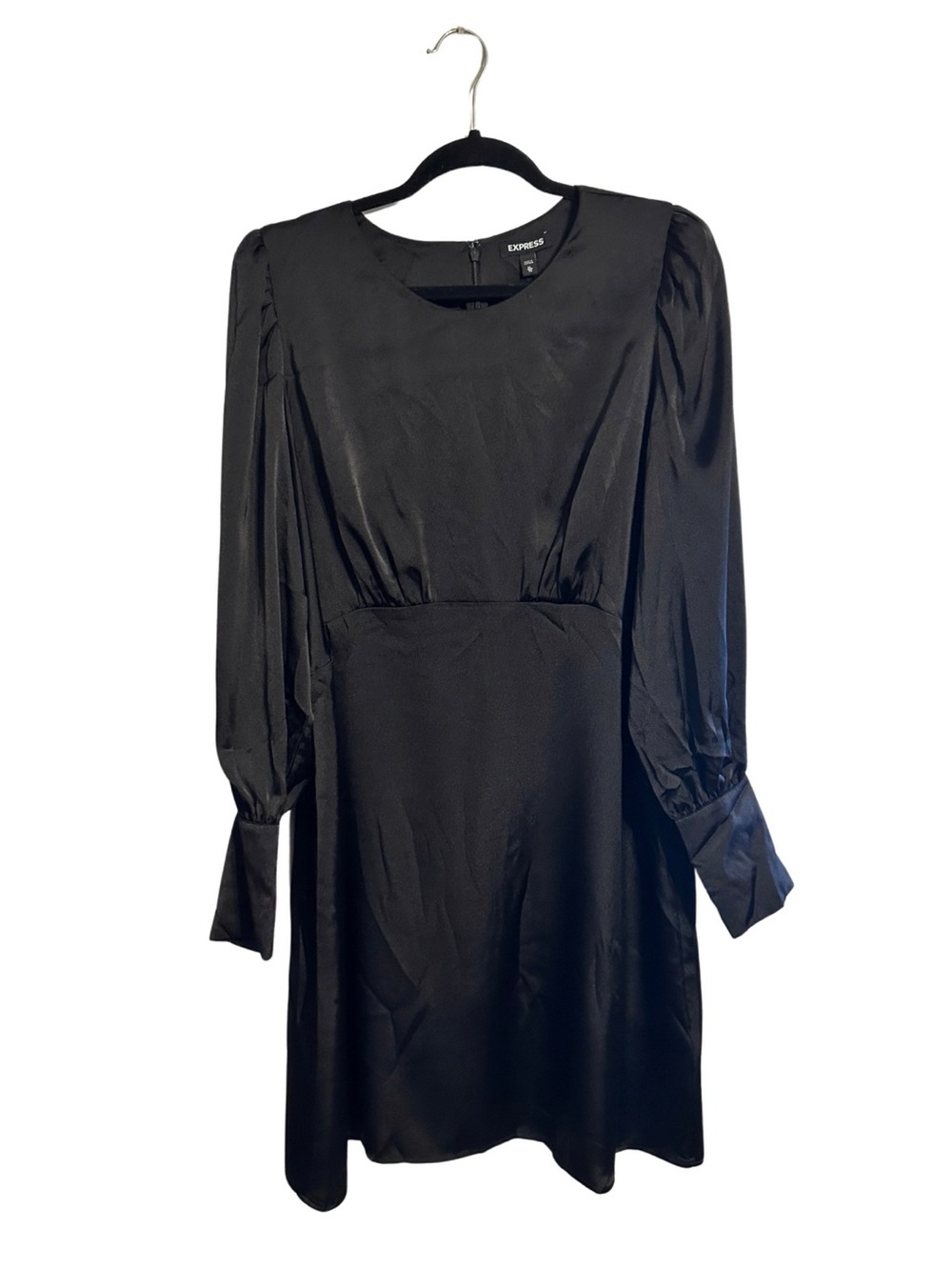 Express Black Satin Long Sleeve Puff-Sleeve Dress